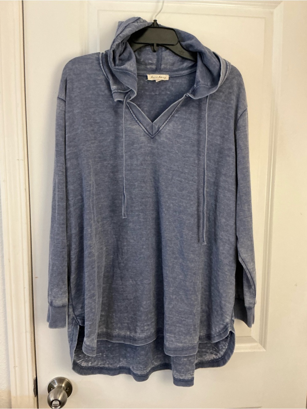 Jane and Delancey Blue Mineral Wash Waffle Thermal Pullover Hoodie Plus 1X